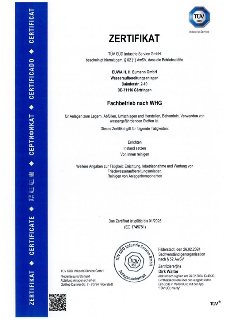 Certificate- Fachbetrieb nach WHG